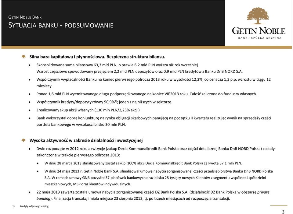 Współczynnik wypłacalności Banku na koniec pierwszego półrocza 2013 roku w wysokości 12,2%, co oznacza 1,3 p.p. wzrostu w ciągu 12 miesięcy Ponad 1,6 mld PLN wyemitowanego długu podporządkowanego na koniec VII 2013 roku.