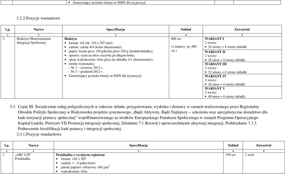 okładkę 1/1 (dwustronnie); termin wykonania: - Nr 1 czerwiec 2012 r. - Nr 2 grudzień 2012 r. Zamawiający posiada własny nr ISSN dla tej pozycji 600 szt. (2 numery po 300 szt.