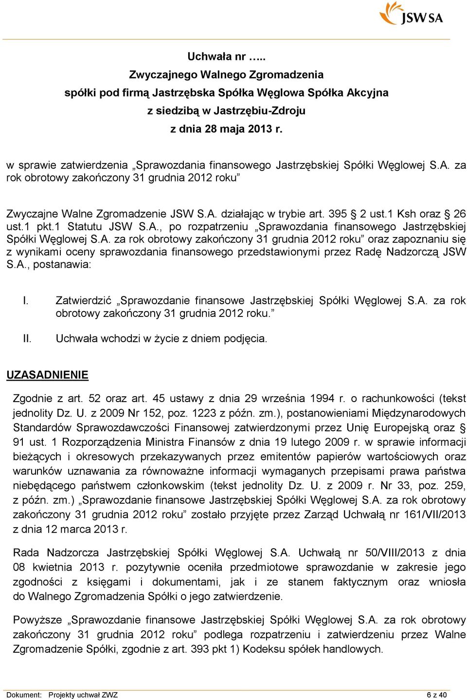 , po rozpatrzeniu Sprawozdania finansowego Jastrzębskiej Spółki Węglowej S.A.