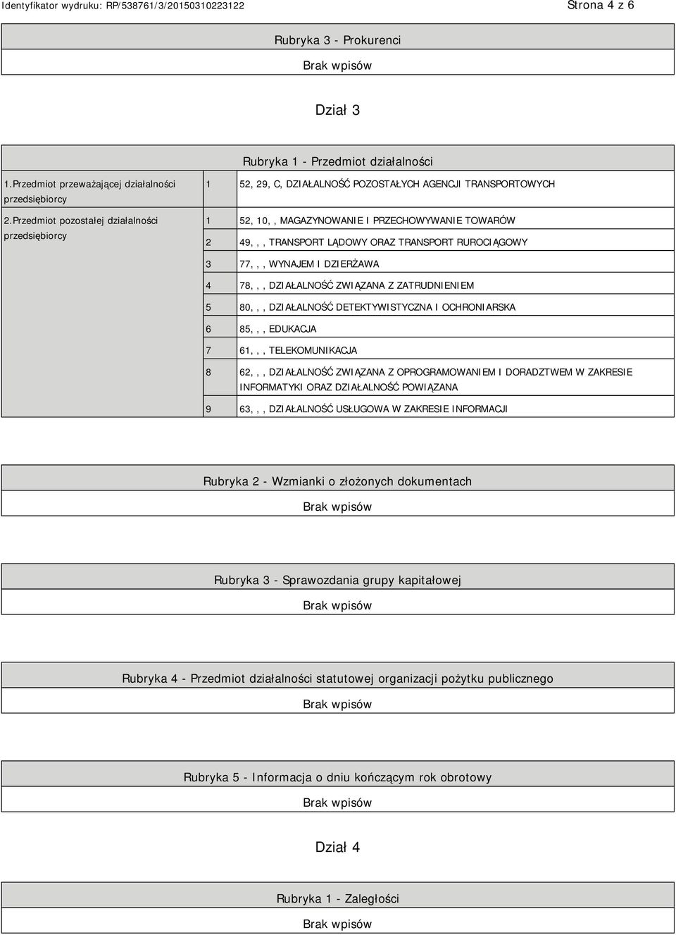 RUROCIĄGOWY 3 77,,, WYNAJEM I DZIERŻAWA 4 78,,, DZIAŁALNOŚĆ ZWIĄZANA Z ZATRUDM 5 80,,, DZIAŁALNOŚĆ DETEKTYWISTYCZNA I OCHRONIARSKA 6 85,,, EDUKACJA 7 61,,, TELEKOMUNIKACJA 8 62,,, DZIAŁALNOŚĆ