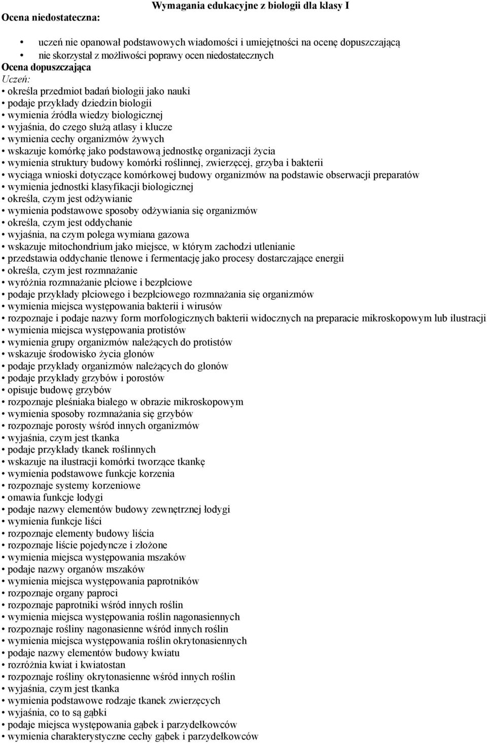 wymienia cechy organizmów żywych wskazuje komórkę jako podstawową jednostkę organizacji życia wymienia struktury budowy komórki roślinnej, zwierzęcej, grzyba i bakterii wyciąga wnioski dotyczące