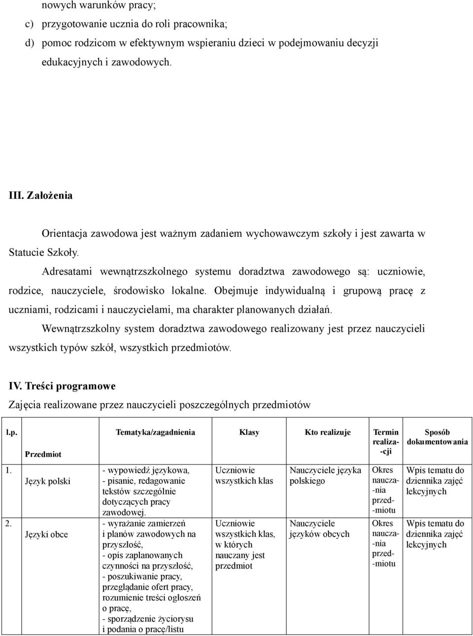 Adresatami wewnątrzszkolnego systemu doradztwa zawodowego są: uczniowie, rodzice, nauczyciele, środowisko lokalne.