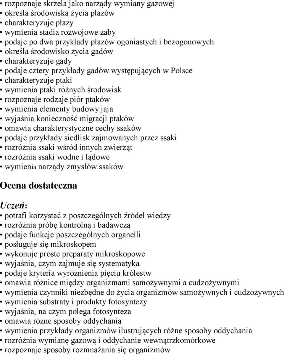 budowy jaja wyjaśnia konieczność migracji ptaków omawia charakterystyczne cechy ssaków podaje przykłady siedlisk zajmowanych przez ssaki rozróżnia ssaki wśród innych zwierząt rozróżnia ssaki wodne i