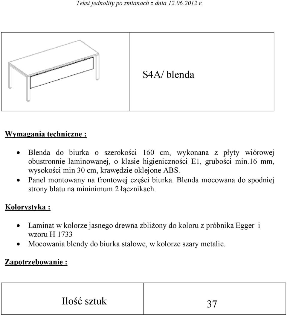 Panel montowany na frontowej części biurka. Blenda mocowana do spodniej strony blatu na mininimum 2 łącznikach.