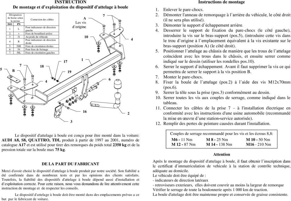 origine 1 10 16 6 2 Instructions de montage 1. Enlever le pare-chocs. 2. Démonter l'anneau de remorquage à l arrière du véhicule, le côté droit (il ne sera plus utilisé). 3.