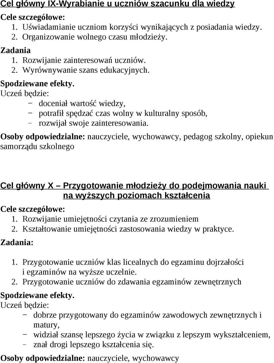 Osoby odpowiedzialne: nauczyciele, wychowawcy, pedagog szkolny, opiekun samorządu szkolnego Cel główny X Przygotowanie młodzieży do podejmowania nauki na wyższych poziomach kształcenia 1.