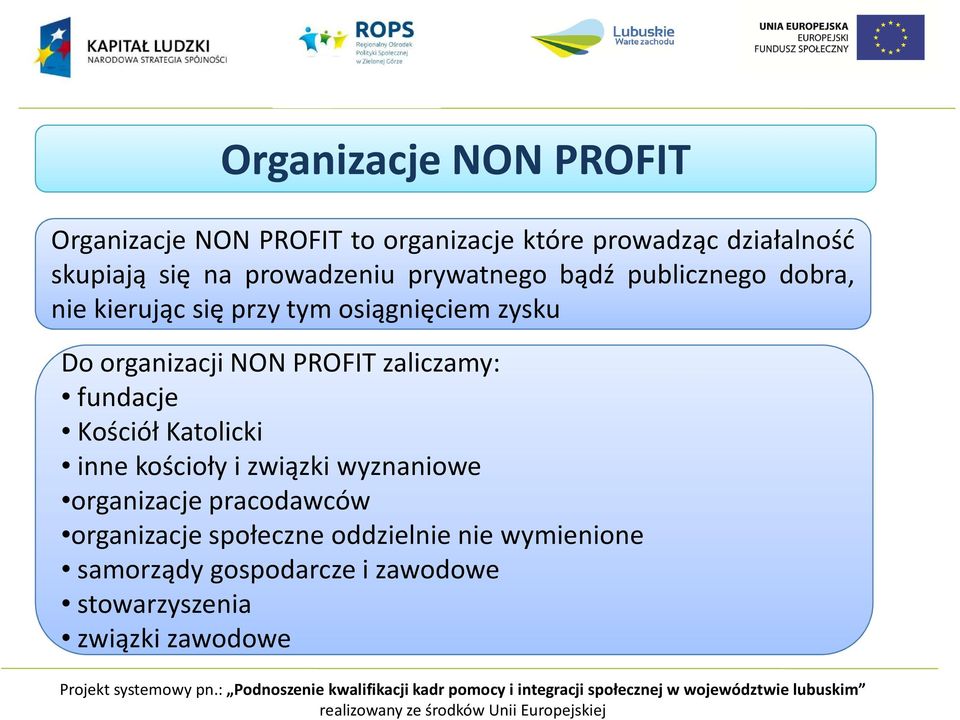 NON PROFIT zaliczamy: fundacje Kościół Katolicki inne kościoły i związki wyznaniowe organizacje pracodawców