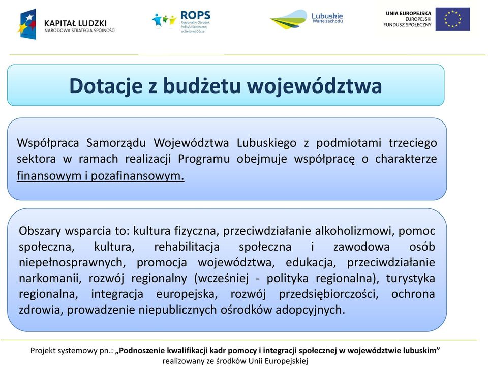 Obszary wsparcia to: kultura fizyczna, przeciwdziałanie alkoholizmowi, pomoc społeczna, kultura, rehabilitacja społeczna i zawodowa osób