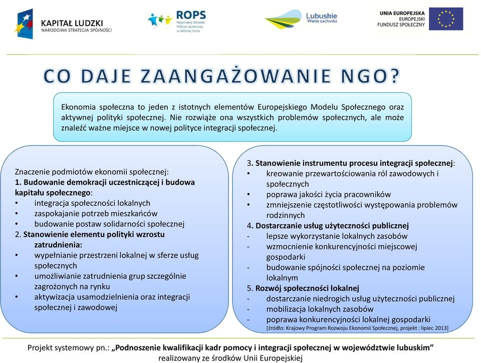 Budowanie demokracji uczestniczącej i budowa kapitału społecznego: integracja społeczności lokalnych zaspokajanie potrzeb mieszkańców budowanie postaw solidarności społecznej 2.