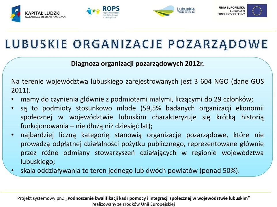 lubuskim charakteryzuje się krótką historią funkcjonowania nie dłużą niż dziesięć lat); najbardziej liczną kategorię stanowią organizacje pozarządowe, które nie prowadzą