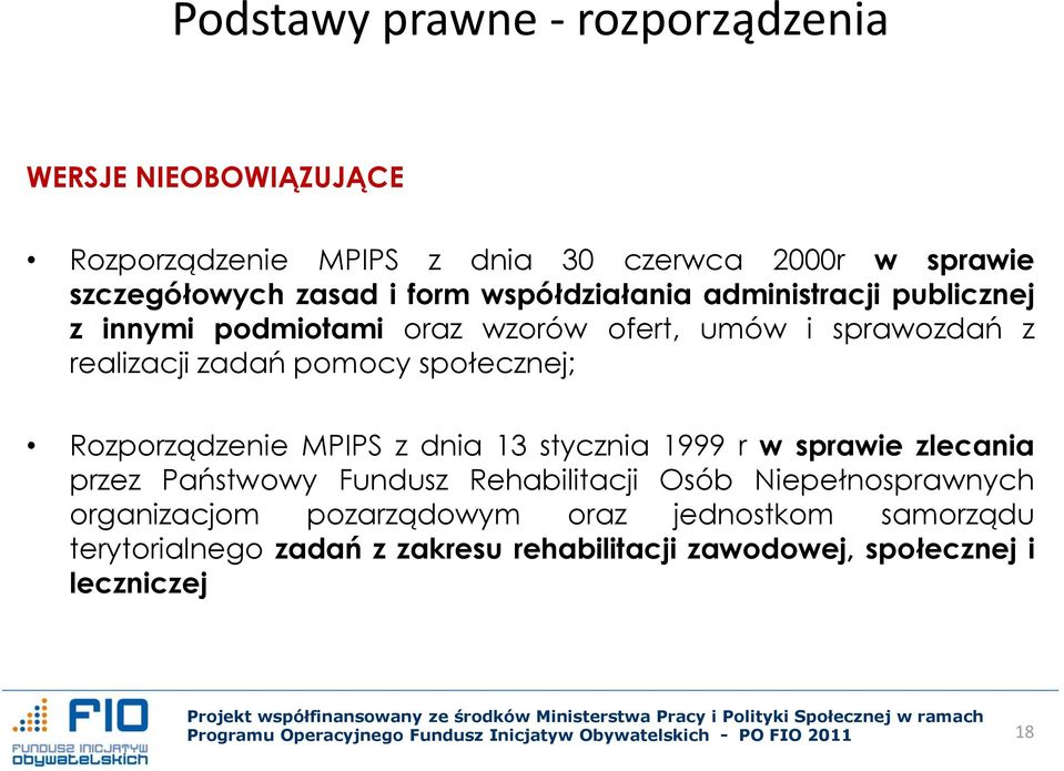 społecznej; Rozporządzenie MPIPS z dnia 13 stycznia 1999 r w sprawie zlecania przez Państwowy Fundusz Rehabilitacji Osób