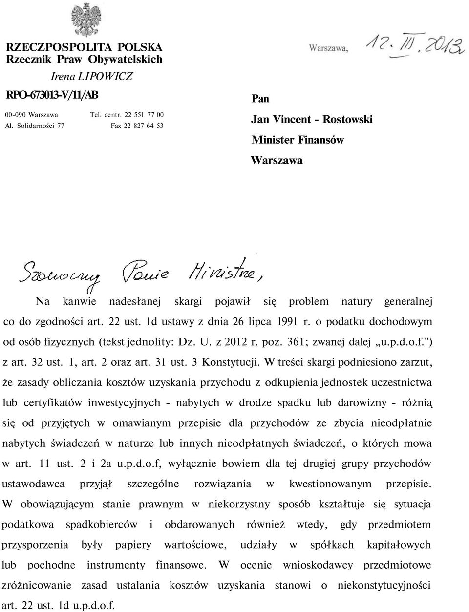 1d ustawy z dnia 26 lipca 1991 r. o podatku dochodowym od osób fizycznych (tekst jednolity: Dz. U. z 2012 r. poz. 361; zwanej dalej u.p.d.o.f.") z art. 32 ust. 1, art. 2 oraz art. 31 ust.