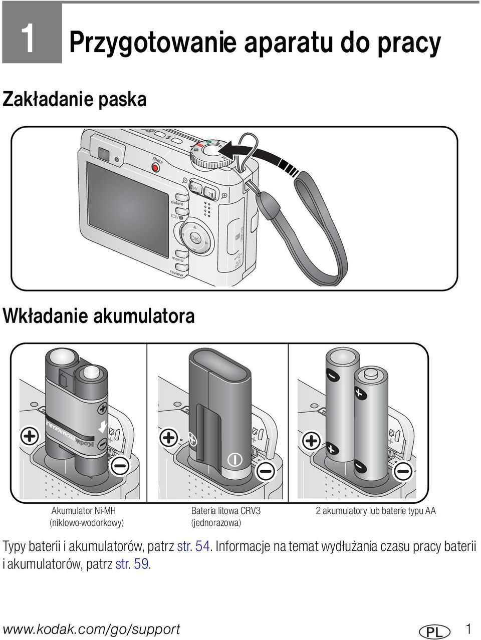 baterie typu AA Typy baterii i akumulatorów, patrz str. 54.