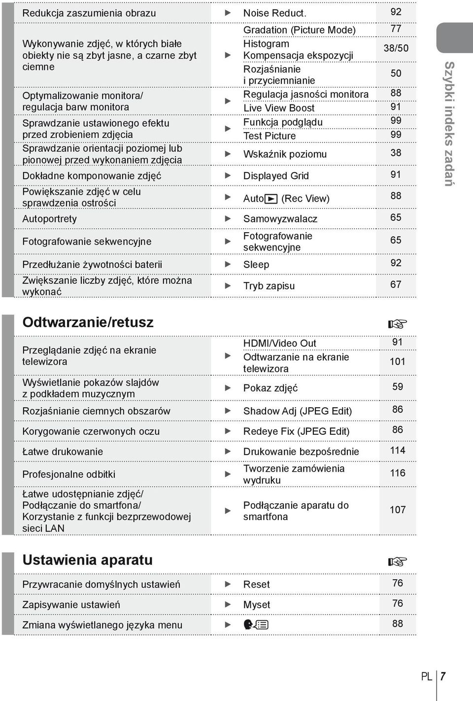Sprawdzanie orientacji poziomej lub pionowej przed wykonaniem zdjęcia Gradation (Picture Mode) 77 Histogram Kompensacja ekspozycji 38/50 Rozjaśnianie i przyciemnianie 50 Regulacja jasności monitora