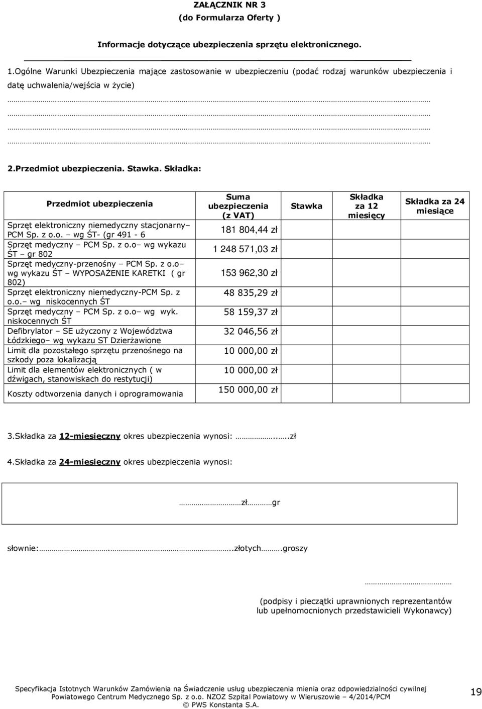 Składka: Przedmiot ubezpieczenia Sprzęt elektroniczny niemedyczny stacjonarny PCM Sp. z o.o. wg ŚT- (gr 491-6 Sprzęt medyczny PCM Sp. z o.o wg wykazu ŚT gr 802 Sprzęt medyczny-przenośny PCM Sp. z o.o wg wykazu ŚT WYPOSAŻENIE KARETKI ( gr 802) Sprzęt elektroniczny niemedyczny-pcm Sp.