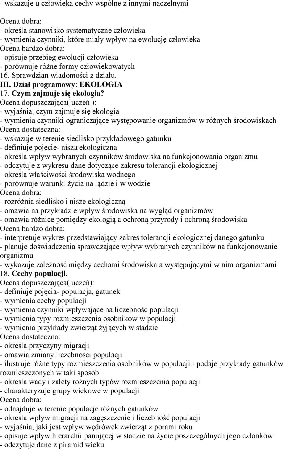 Ocena dopuszczająca( uczeń ): - wyjaśnia, czym zajmuje się ekologia - wymienia czynniki ograniczające występowanie organizmów w różnych środowiskach - wskazuje w terenie siedlisko przykładowego