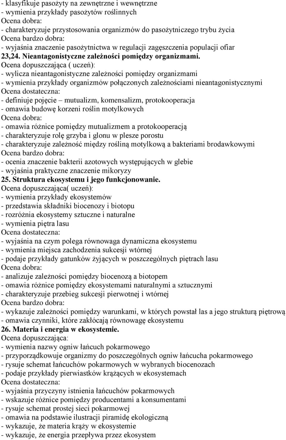 Ocena dopuszczająca ( uczeń): - wylicza nieantagonistyczne zależności pomiędzy organizmami - wymienia przykłady organizmów połączonych zależnościami nieantagonistycznymi - definiuje pojęcie