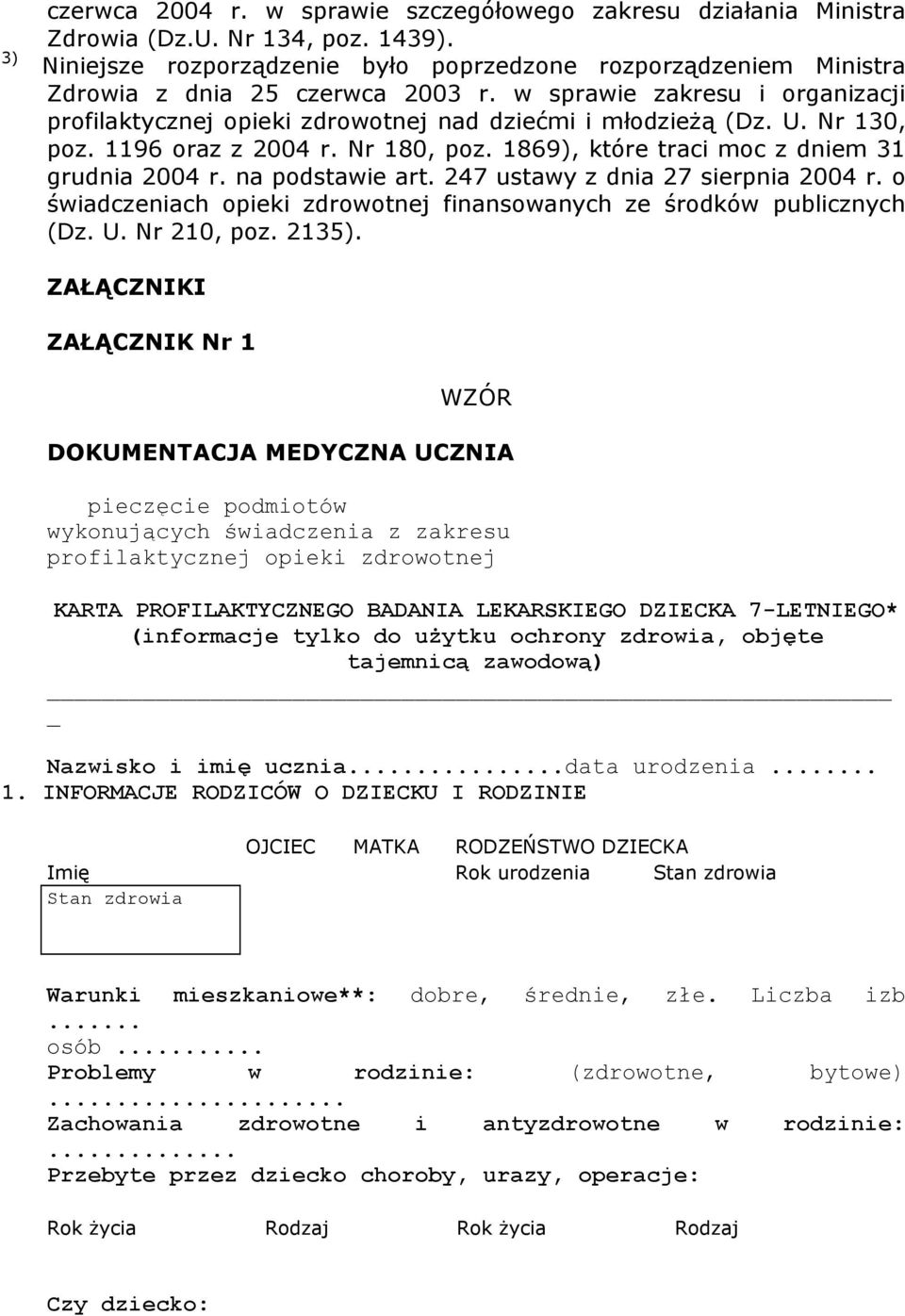 podstawie art 247 ustawy z dnia 27 sierpnia 2004 r o świadczeniach opieki zdrowotnej finansowanych ze środków publicznych (Dz U Nr 210, poz 2135) ZAŁĄCZNIKI ZAŁĄCZNIK Nr 1 WZÓR DOKUMENTACJA MEDYCZNA