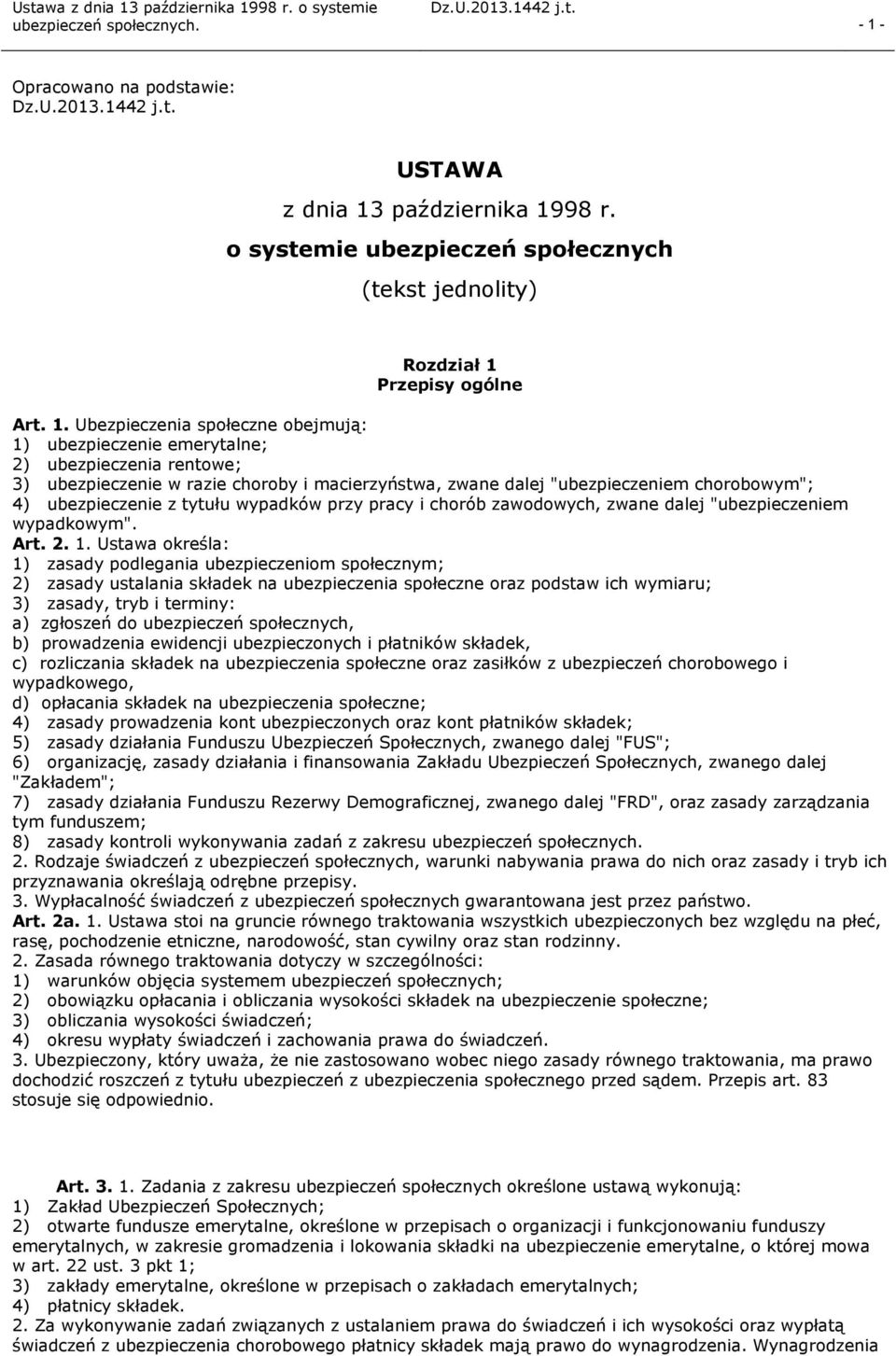 98 r. o systemie ubezpieczeń społecznych (tekst jednolity) Rozdział 1 