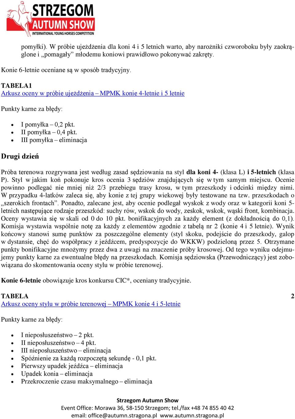 III pomyłka eliminacja Drugi dzień Próba terenowa rozgrywana jest według zasad sędziowania na styl dla koni 4- (klasa L) i 5-letnich (klasa P).