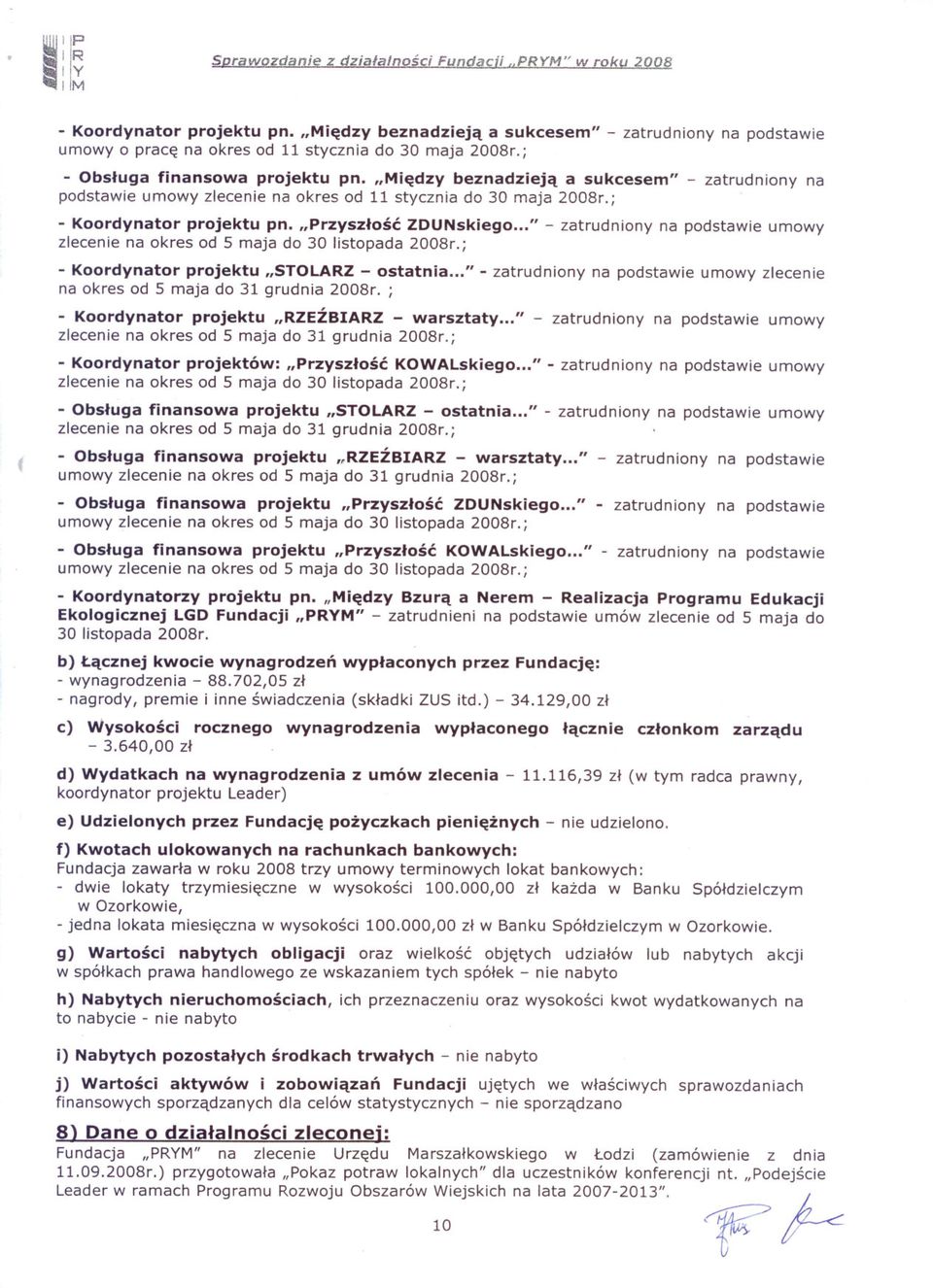 "Miedzy beznadzieja a sukcesem" - zatrudniony na podstawie umowy zlecenie na okres od 11 stycznia do 30 maja 2008r.; - Koordynator projektu pn. "Przyszlosc ZDUNskiego.