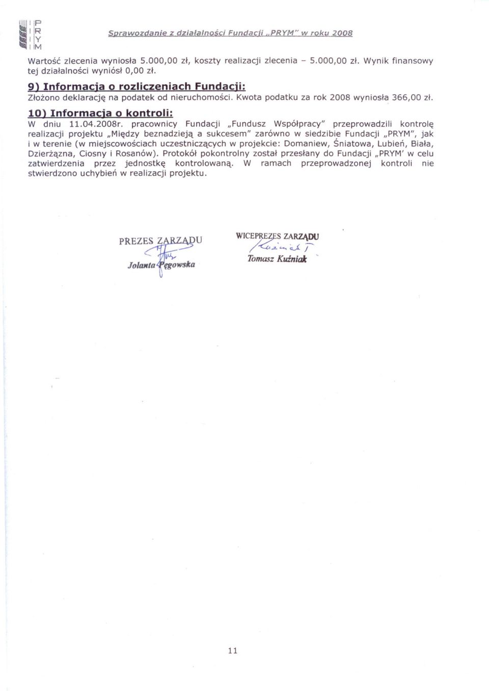 pracownicy Fundacji "Fundusz Wspólpracy" przeprowadzili kontrole realizacji projektu "Miedzy beznadzieja a sukcesem" zarówno w siedzibie Fundacji "PRYM", jak i w terenie (w miejscowosciach