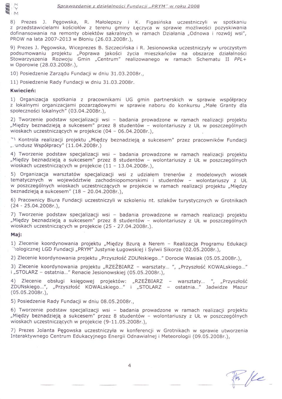 rozwój wsi", PROW na lata 2007-2013 w Bloniu (26.03.2008r.), 9) Prezes J. Pegowska, Wiceprezes B. Szczecinska i R.
