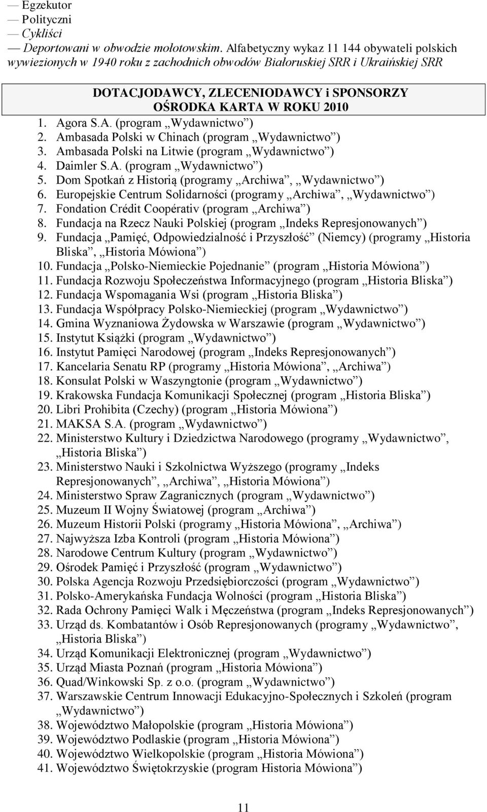 Agora S.A. (program Wydawnictwo ) 2. Ambasada Polski w Chinach (program Wydawnictwo ) 3. Ambasada Polski na Litwie (program Wydawnictwo ) 4. Daimler S.A. (program Wydawnictwo ) 5.