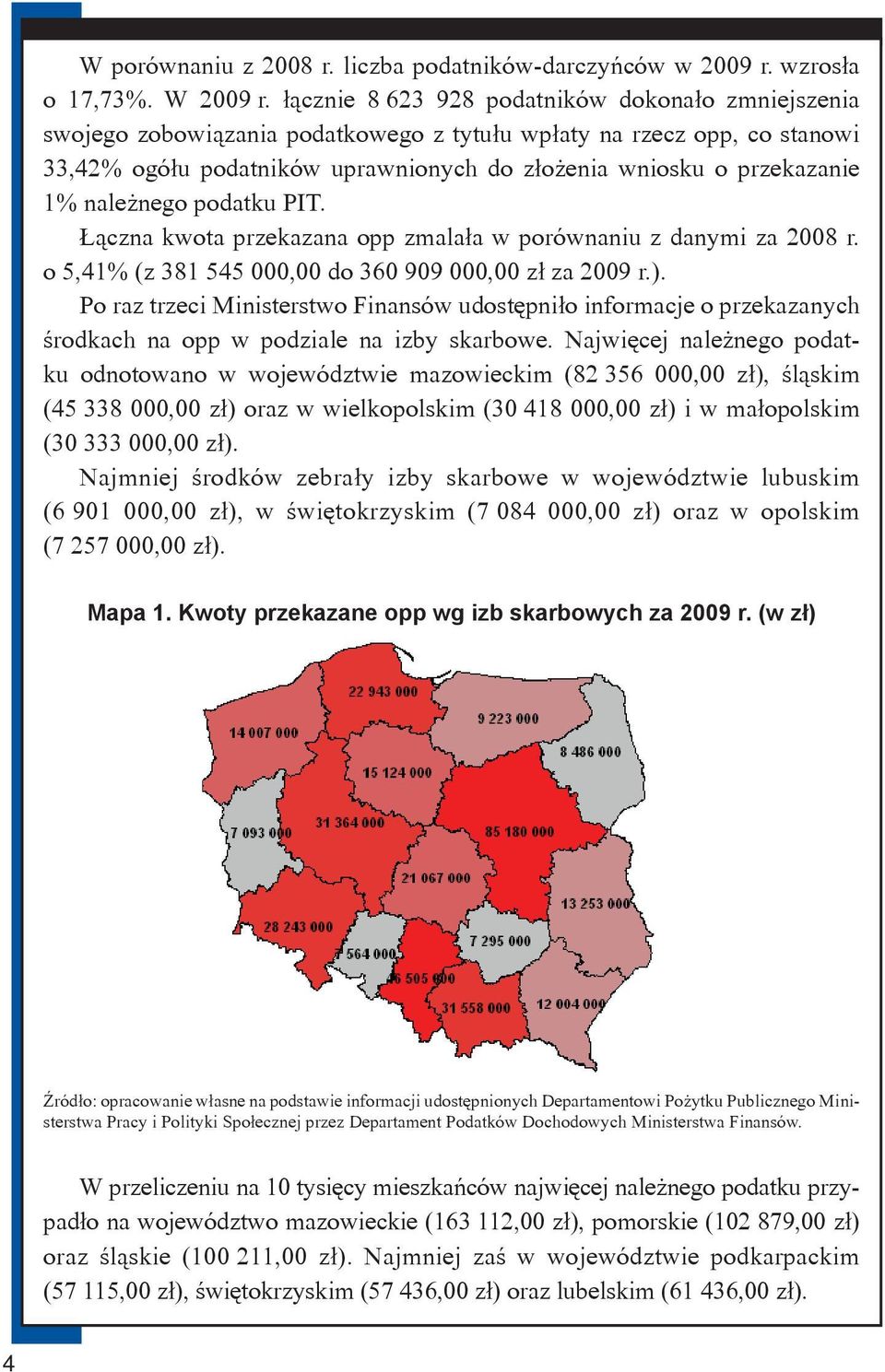 Łączna kwota przekaza zmalała w porównaniu z danymi za 2008 r. o 5,41% (z 381 545 000,00 do 360 909 000,00 zł za 2009 r.).