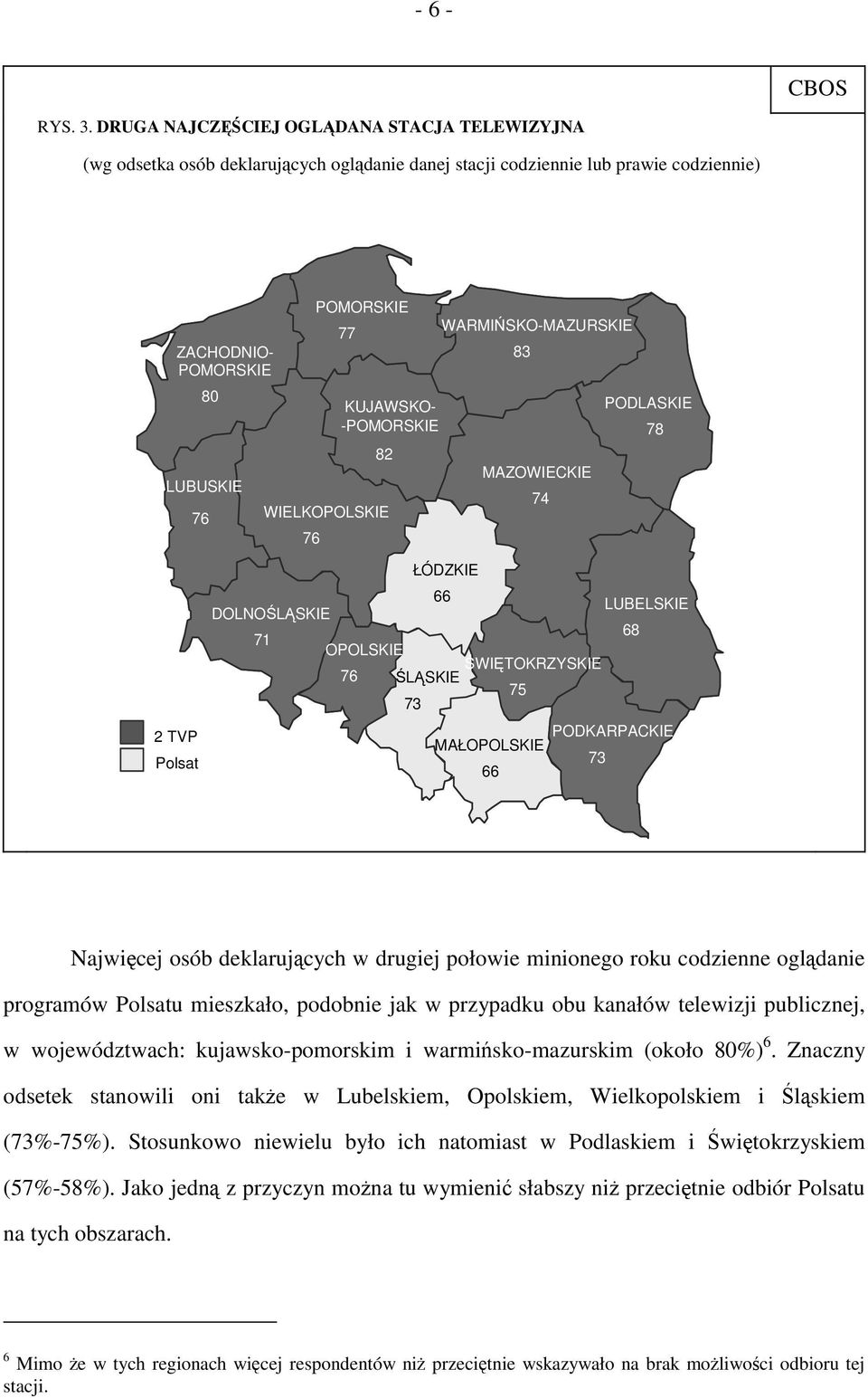 ŚLĄSKIE 75 73 68 73 66 Najwięcej osób deklarujących w drugiej połowie minionego roku codzienne oglądanie programów Polsatu mieszkało, podobnie jak w przypadku obu kanałów telewizji publicznej, w