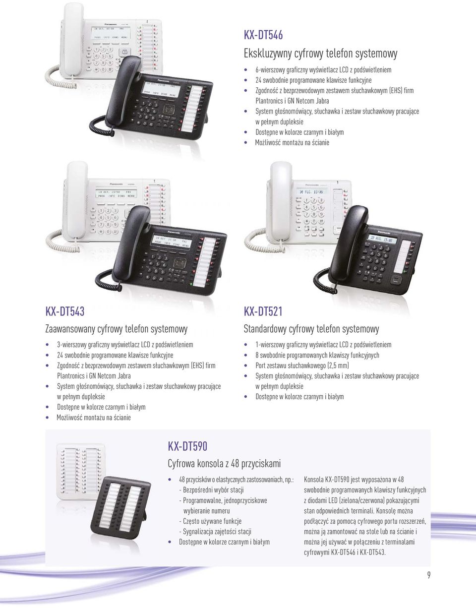 systemowy 3-wierszowy graficzny wyświetlacz LCD z podświetleniem 24 swobodnie programowane klawisze funkcyjne Zgodność z bezprzewodowym zestawem słuchawkowym (EHS) firm Plantronics i GN Netcom Jabra