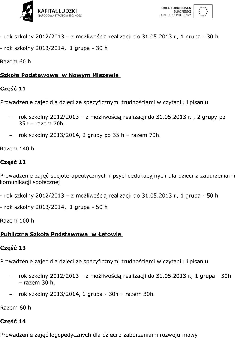 2013 r., 2 grupy po 35h razem 70h, rok szkolny 2013/2014, 2 grupy po 35 h razem 70h.