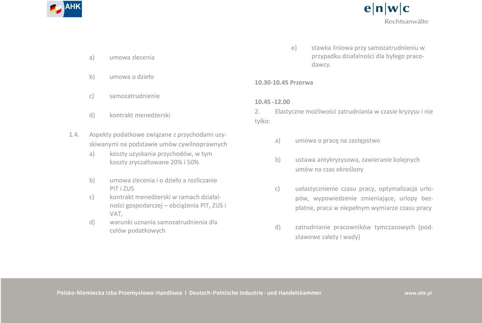 PIT i ZUS c) kontrakt menedżerski w ramach działalności gospodarczej obciążenia PIT, ZUS i VAT, d) warunki uznania samozatrudnienia dla celów podatkowych 10.30-10.