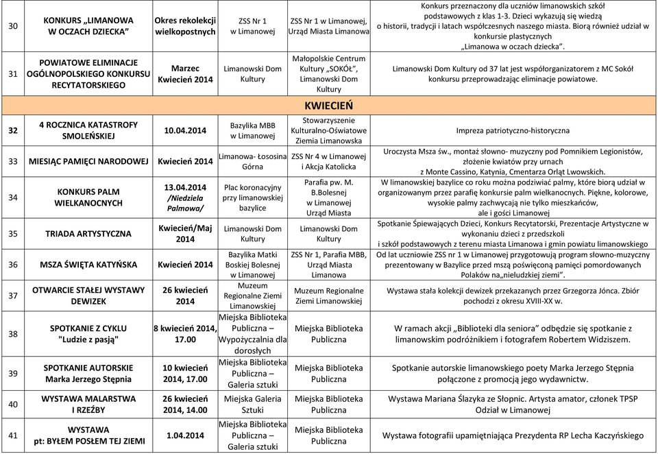 /Niedziela Palmowa/ Kwiecień/Maj 36 MSZA ŚWIĘTA KATYŃSKA Kwiecień 37 38 39 40 41 OTWARCIE STAŁEJ WYSTAWY DEWIZEK SPOTKANIE Z CYKLU "Ludzie z pasją" SPOTKANIE AUTORSKIE Marka Jerzego Stępnia WYSTAWA