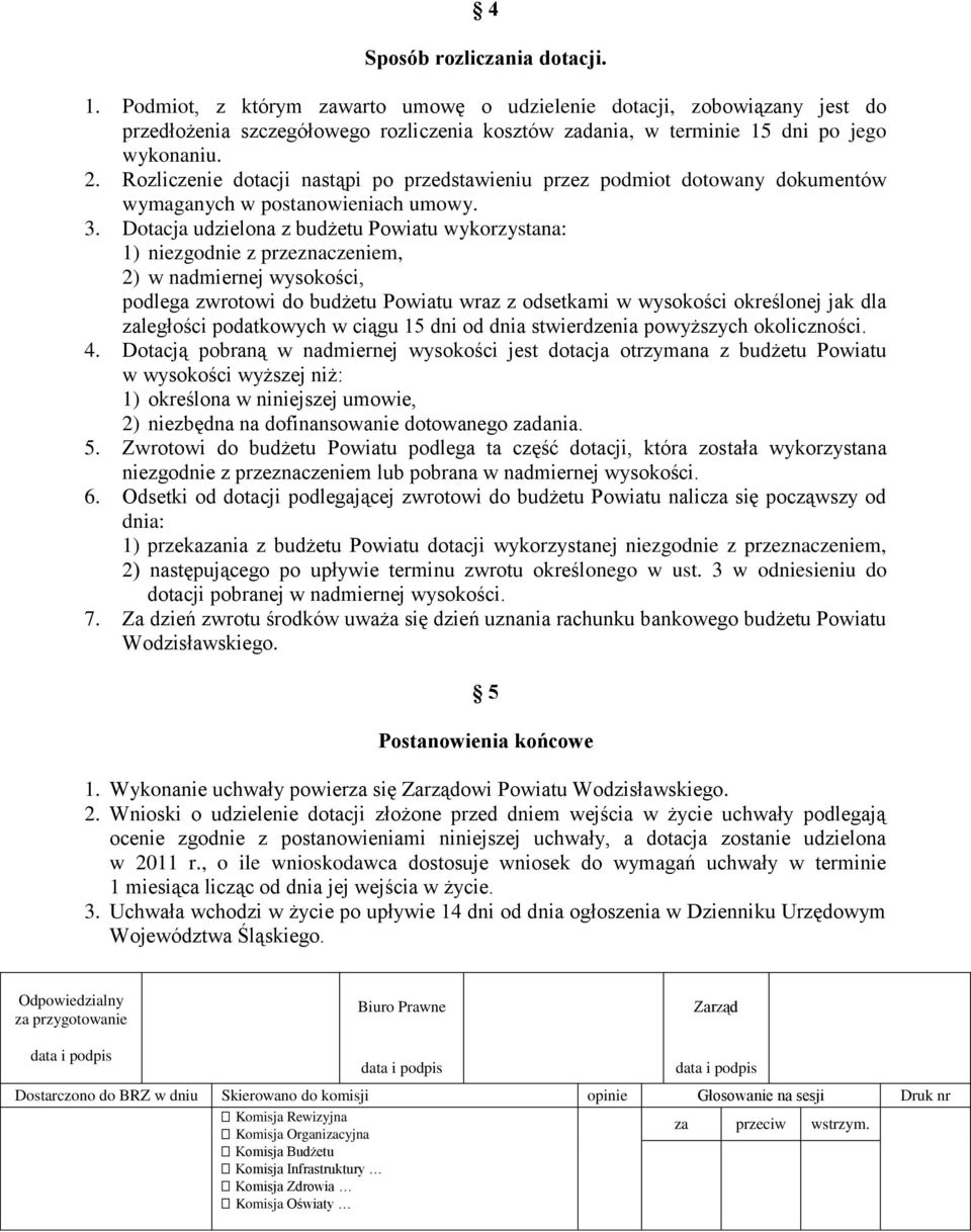 Dotacja udzielona z budżetu Powiatu wykorzystana: 1) niezgodnie z przeznaczeniem, 2) w nadmiernej wysokości, podlega zwrotowi do budżetu Powiatu wraz z odsetkami w wysokości określonej jak dla