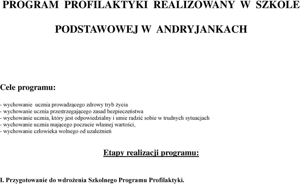 odpowiedzialny i umie radzić sobie w trudnych sytuacjach - wychowanie ucznia mającego poczucie własnej wartości, -