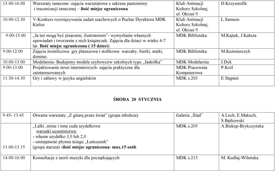Zajęcia dla dzieci w wieku 4-7 lat. Ilość miejsc ograniczona ( 15 dzieci). 9.00-12.00 Zajęcia świetlicowe: gry planszowe i stolikowe: warcaby, bierki, statki, domino. D.Krzysztofik L.Samson M.