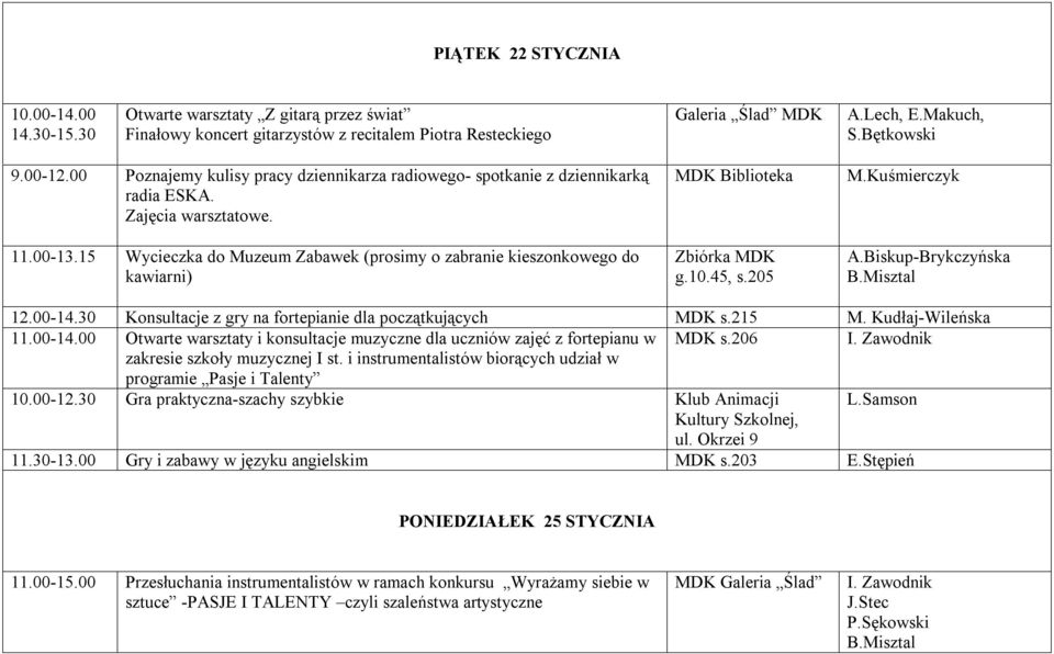 15 Wycieczka do Muzeum Zabawek (prosimy o zabranie kieszonkowego do kawiarni) Zbiórka MDK g.10.45, s.205 B.Misztal 12.00-14.30 Konsultacje z gry na fortepianie dla początkujących MDK s.215 M.
