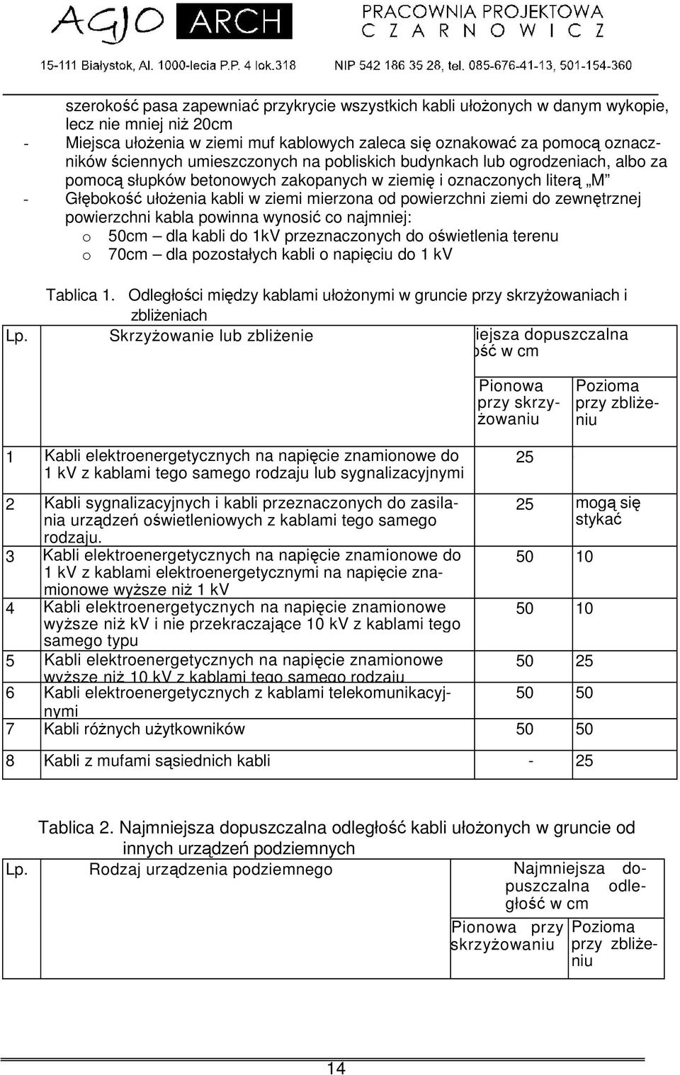 zewntrznej powierzchni kabla powinna wynosi co najmniej: o 50cm dla kabli do 1kV przeznaczonych do o wietlenia terenu o 70cm dla pozostałych kabli o napiciu do 1 kv Tablica 1.