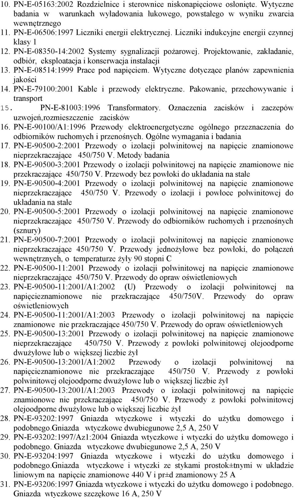 Projektowanie, zakładanie, odbiór, eksploatacja i konserwacja instalacji 13. PN-E-08514:1999 Prace pod napięciem. Wytyczne dotyczące planów zapewnienia jakości 14.