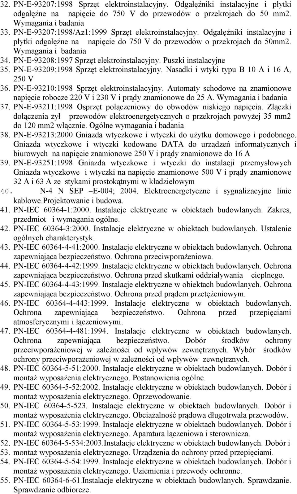 PN-E-93208:1997 Sprzęt elektroinstalacyjny. Puszki instalacyjne 35. PN-E-93209:1998 Sprzęt elektroinstalacyjny. Nasadki i wtyki typu B 10 A i 16 A, 250 V 36.
