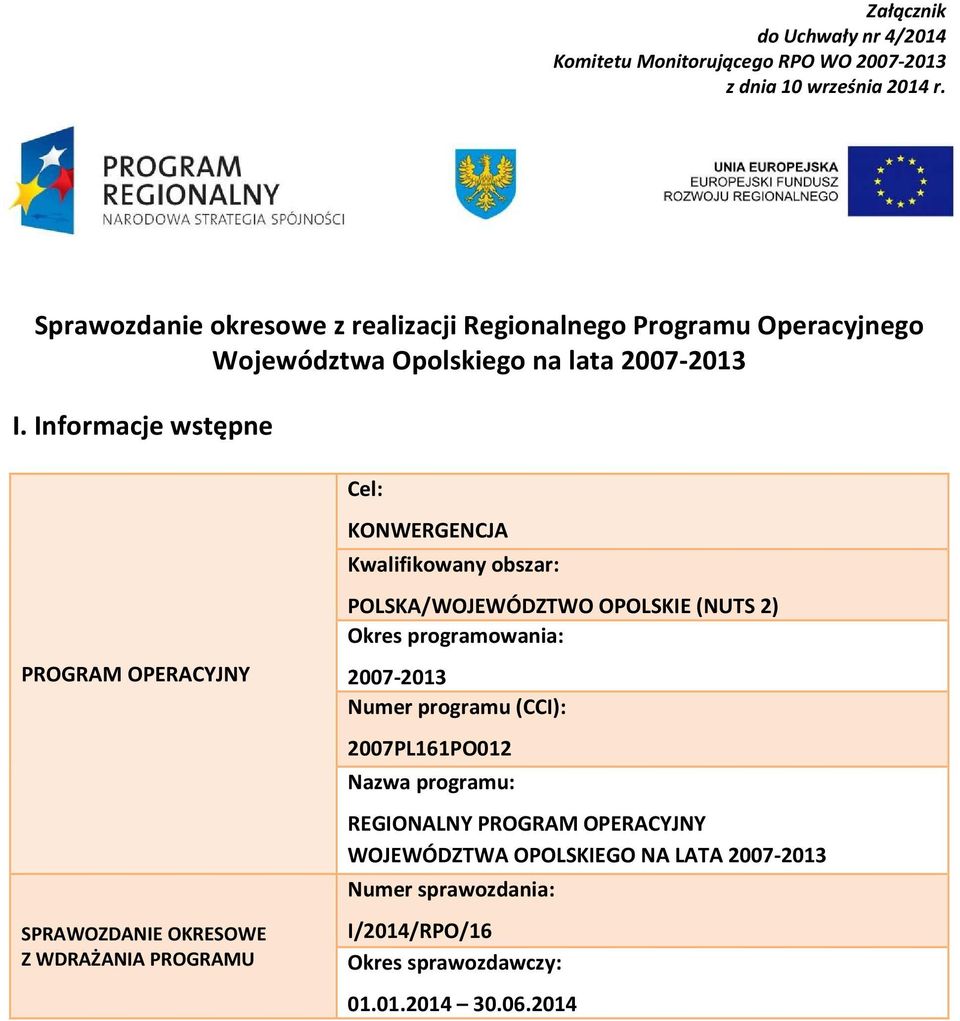 Informacje wstępne Cel: KONWERGENCJA Kwalifikowany obszar: POLSKA/WOJEWÓDZTWO OPOLSKIE (NUTS 2) Okres programowania: PROGRAM OPERACYJNY 2007-2013