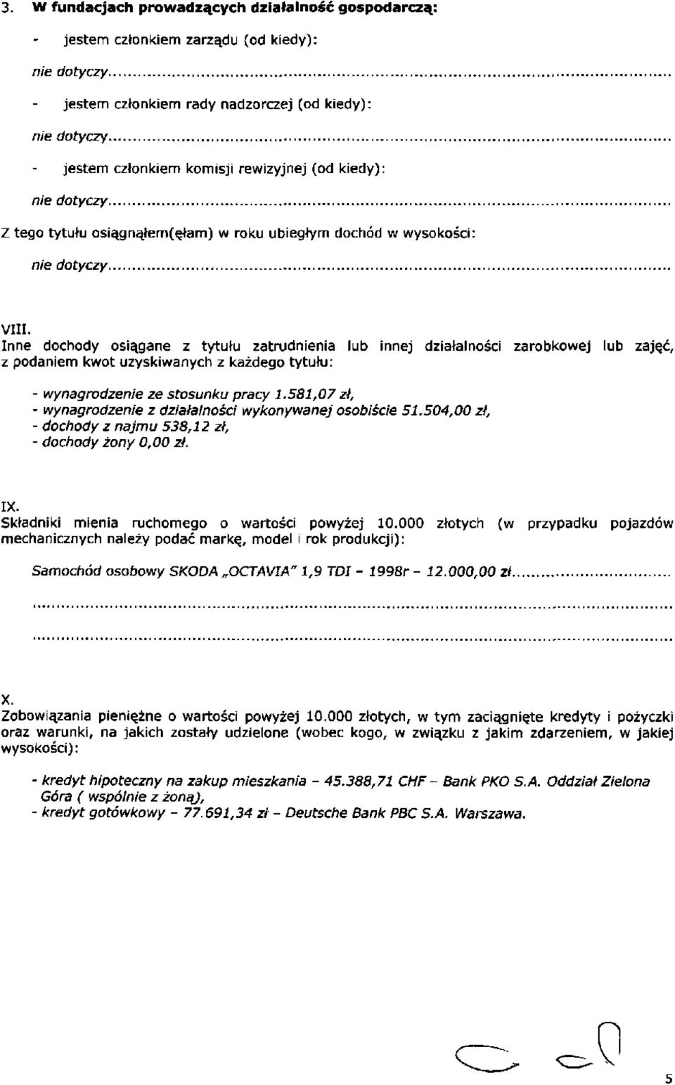 z działalności wykonywanej osobiście 51.504,00 zł, - dochody z najmu 538,12 zł, - dochody żony 0,00 zł. IX. Składniki mienia ruchomego o wartości powyżej 10.