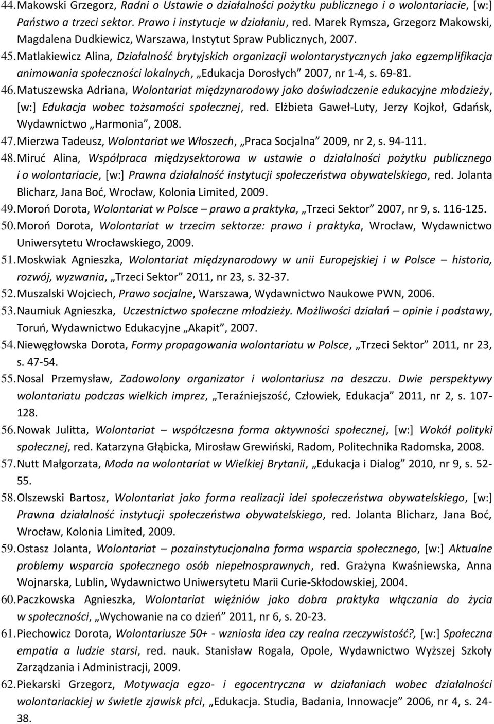 Matlakiewicz Alina, Działalność brytyjskich organizacji wolontarystycznych jako egzemplifikacja animowania społeczności lokalnych, Edukacja Dorosłych 2007, nr 1-4, s. 69-81. 46.