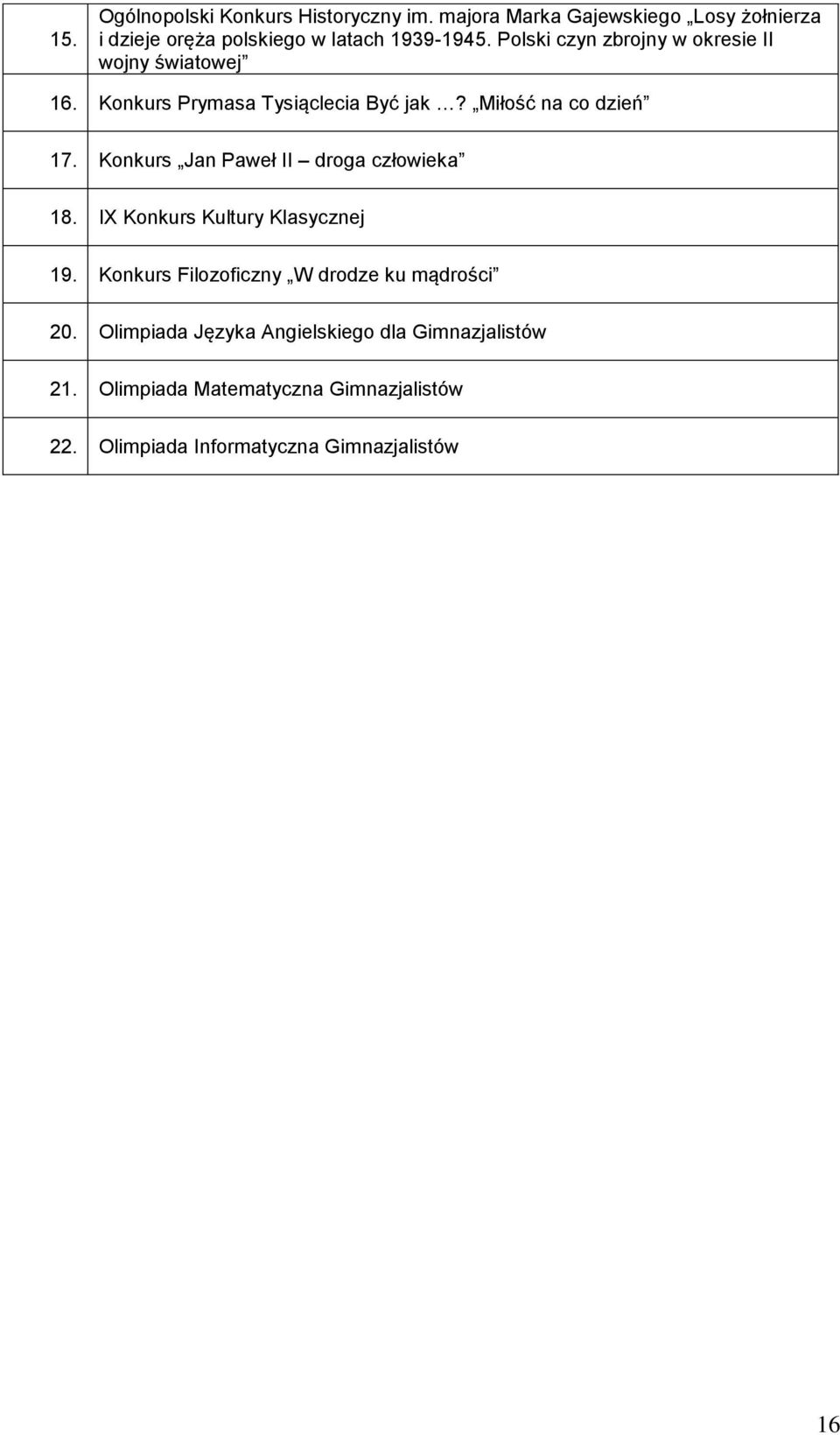 Polski czyn zbrojny w okresie II wojny światowej 16. Konkurs Prymasa Tysiąclecia Być jak? Miłość na co dzień 17.