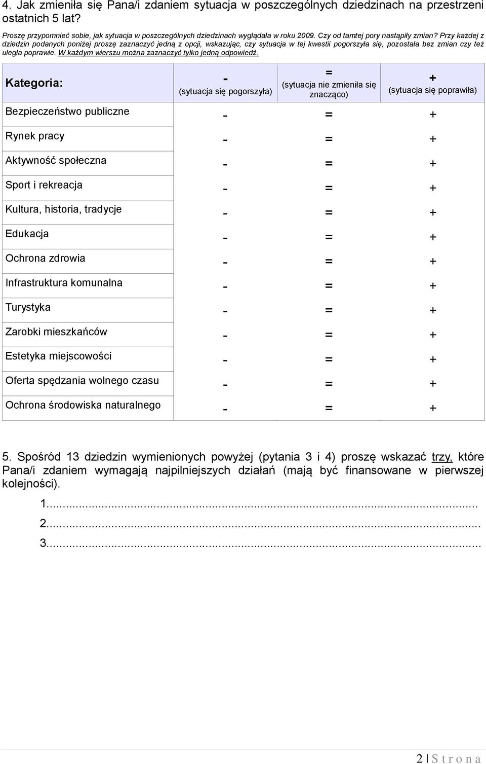 Przy każdej z dziedzin podanych poniżej proszę zaznaczyć jedną z opcji, wskazując, czy sytuacja w tej kwestii pogorszyła się, pozostała bez zmian czy też uległa poprawie.