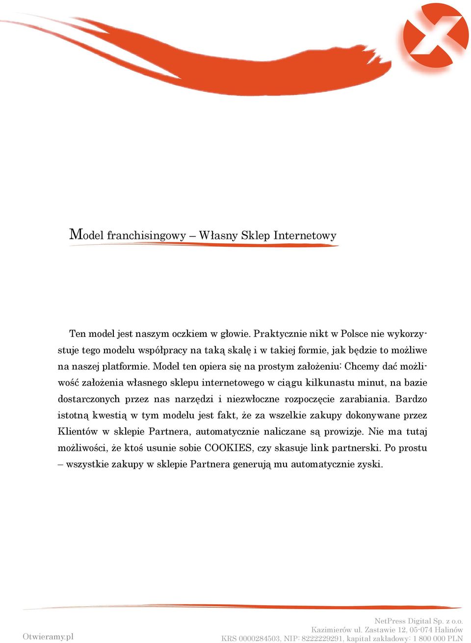 Model ten opiera się na prostym założeniu: Chcemy dać możliwość założenia własnego sklepu internetowego w ciągu kilkunastu minut, na bazie dostarczonych przez nas narzędzi i niezwłoczne