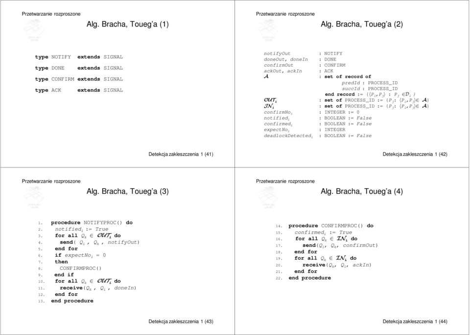 CONFIRM : ACK : set of record of predid : PROCESS_ID succid : PROCESS_ID end record := { P i,p j : P j D i } OUT i : set of PROCESS_ID := {P j : P i,p j A} JN i : set of PROCESS_ID := {P j : P i,p j