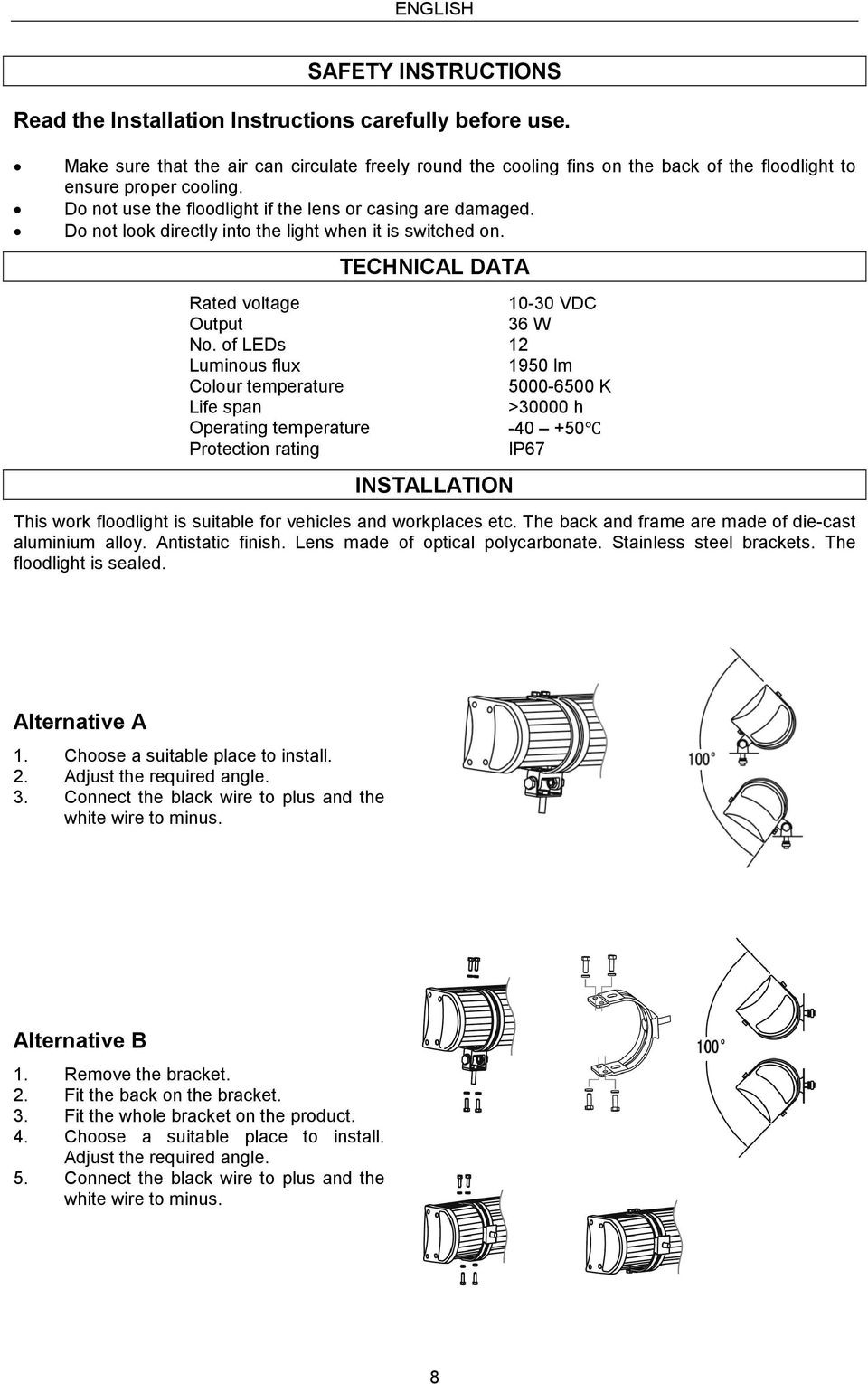Do not look directly into the light when it is switched on. TECHNICAL DATA Rated voltage 10-30 VDC Output 36 W No.