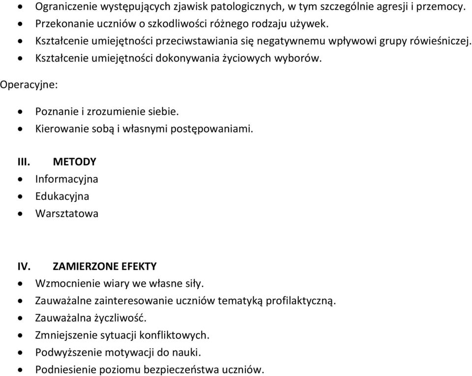 Operacyjne: Poznanie i zrozumienie siebie. Kierowanie sobą i własnymi postępowaniami. III. METODY Informacyjna Edukacyjna Warsztatowa IV.